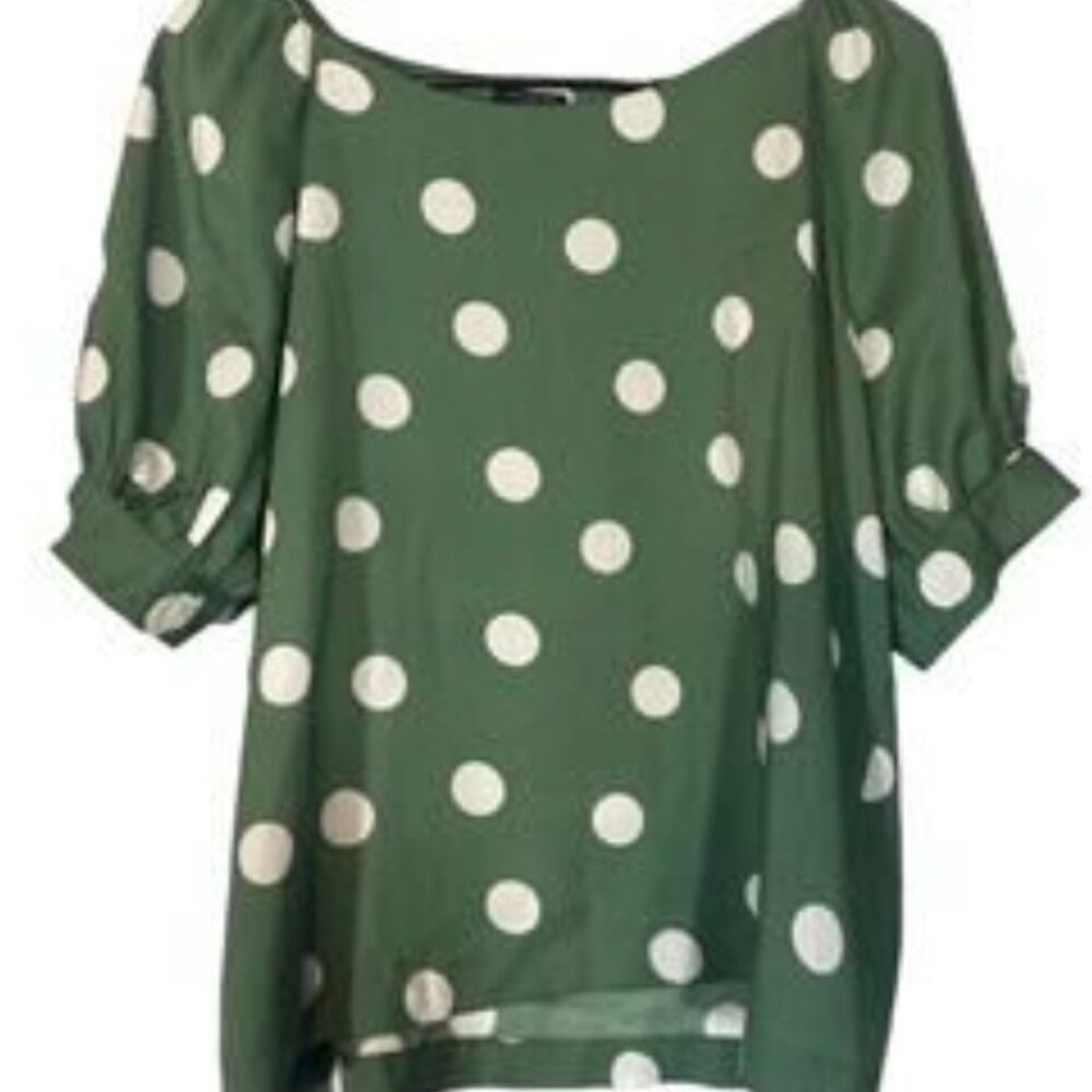 Ann Taylor Green & White Polka Dot Short Puff Sleeve Blouse Women Sz MP